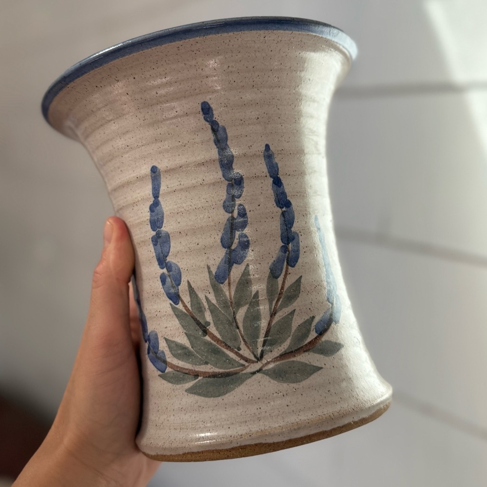 Handcrafted Vintage Ceramic Wall Vase with Blue Floral Design Studio pottery